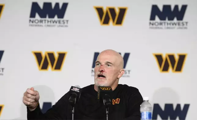 Washington Commanders Dan Quinn speaks during a news conference after an NFL football game against the Las Vegas Raiders, Sunday, Sept. 21, 2025, in Landover, Md. (AP Photo/Nick Wass)