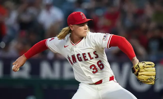 Los Angeles Angels starting pitcher Caden Dana throws against the Houston Astros during the first inning of a baseball game Saturday, Sept. 27, 2025, in Anaheim, Calif. (AP Photo/Jae C. Hong)