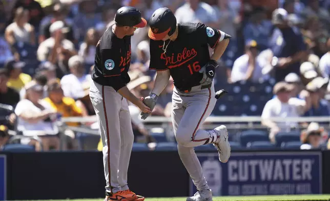 Baltimore Orioles' Coby Mayo celebrates with third base coach Buck Britton after hitting a home run during the third inning of a baseball game against the San Diego Padres Wednesday, Sept. 3, 2025, in San Diego. (AP Photo/Gregory Bull)