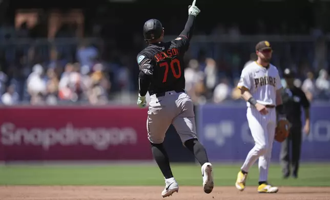 Baltimore Orioles' Alex Jackson, right, celebrates after hitting a home run during the third inning of a baseball game against the San Diego Padres Wednesday, Sept. 3, 2025, in San Diego. (AP Photo/Gregory Bull)