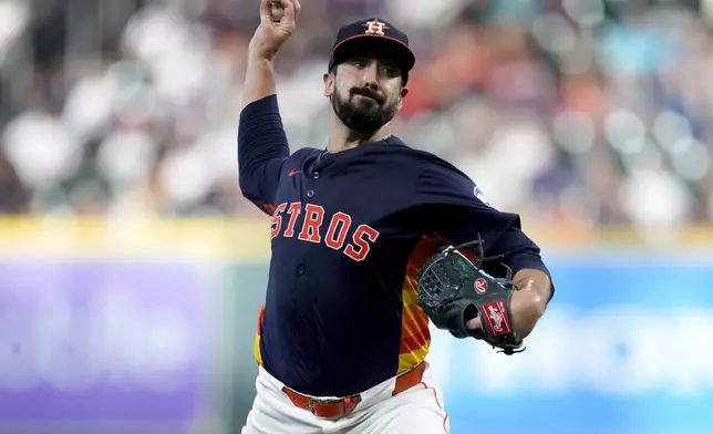 Houston Astros starting pitcher Jason Alexander throws against the Seattle Mariners during the first inning of a baseball game Sunday, Sept. 21, 2025, in Houston. (AP Photo/Eric Christian Smith)