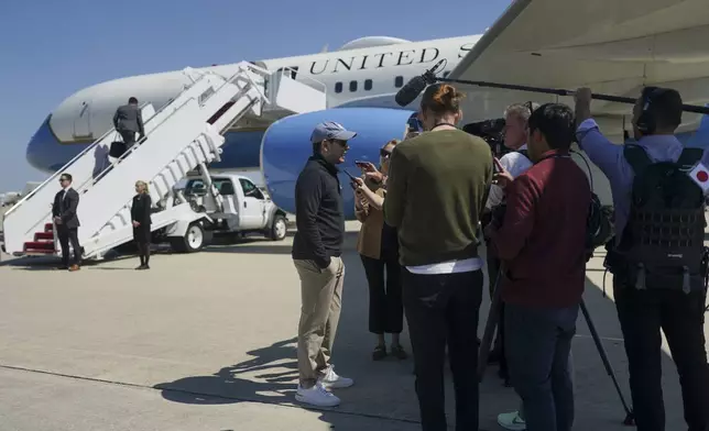 Secretary of State Marco Rubio speaks with members of the media before departing for Israel at Joint Base Andrews, Md., Saturday, Sept. 13, 2025. (Nathan Howard/Pool Photo via AP)