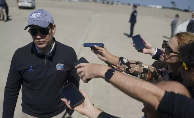 Secretary of State Marco Rubio speaks with members of the media before departing for Israel at Joint Base Andrews, Md., Saturday, Sept. 13, 2025. (Nathan Howard/Pool Photo via AP)