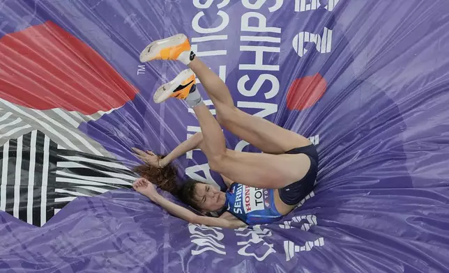 Serbia's Angelina Topic competes in the women's high jump qualification at the World Athletics Championships in Tokyo, Thursday, Sept. 18, 2025. (AP Photo/David J. Phillip)