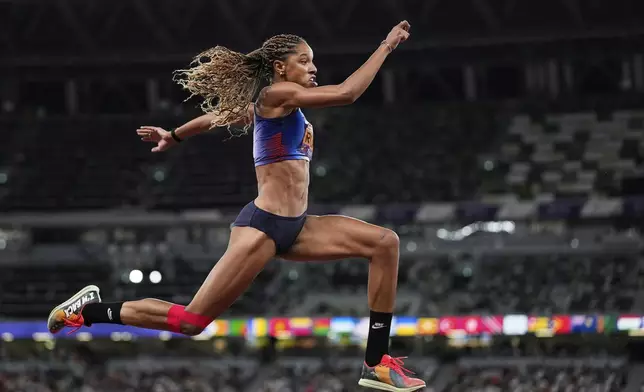Venezuela's Yulimar Rojas makes an attempt in the women's triple jump final at the World Athletics Championships in Tokyo, Thursday, Sept. 18, 2025. (AP Photo/Matthias Schrader)