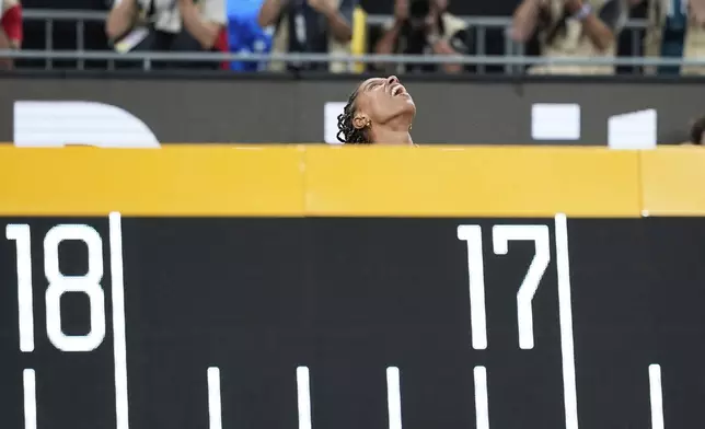 Venezuela's Yulimar Rojas reacts in the women's triple jump final at the World Athletics Championships in Tokyo, Thursday, Sept. 18, 2025. (AP Photo/Ashley Landis)
