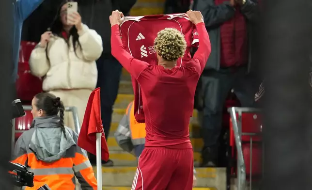 Liverpool's Hugo Ekitike celebrates after scoring his side's second goal during the English League Cup third round soccer match between Liverpool and Southampton at the Anfield stadium in Liverpool, England, Tuesday, Sept. 23, 2025. (AP Photo/Jon Super)