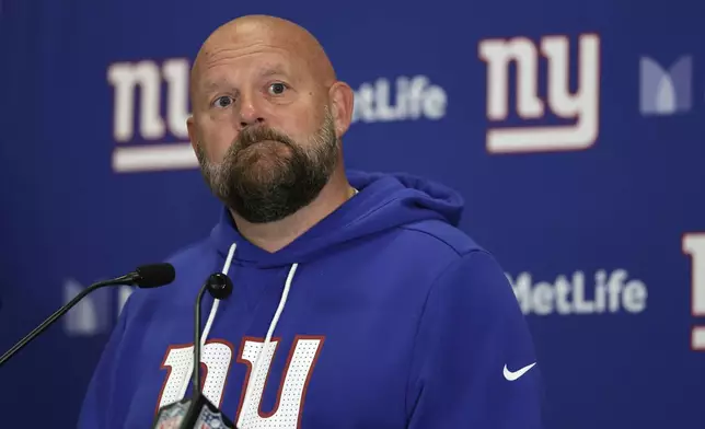 New York Giants head coach Brian Daboll speaks during a news conference following an NFL football game against the Kansas City Chiefs Sunday, Sept. 21, 2025, in East Rutherford, N.J. (AP Photo/Adam Hunger)