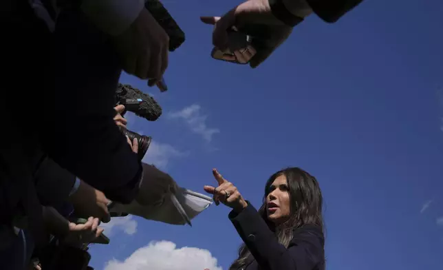 United States Secretary of Homeland Security Kristi Noem speaks to the media during the Five Country Ministerial meeting at the Honourable Artillery Company in London, Monday, Sept. 8, 2025. (AP Photo/Kin Cheung)