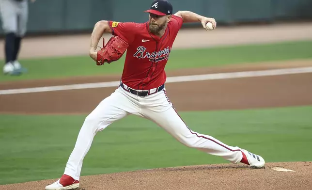 Atlanta Braves pitcher Chris Sale delivers in the first inning of a baseball game against the Seattle Mariners, Friday, Sept. 5, 2025, in Atlanta. (AP Photo/Colin Hubbard)