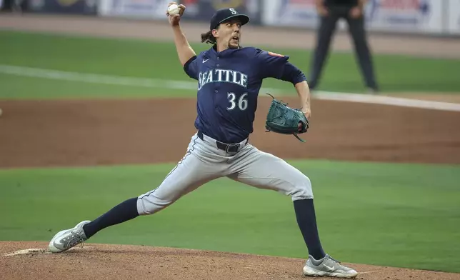 Seattle Mariners pitcher Logan Gilbert delivers in the first inning of a baseball game against the Atlanta Braves, Friday, Sept. 5, 2025, in Atlanta. (AP Photo/Colin Hubbard)