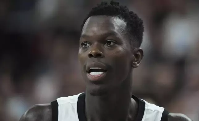 Germany's Dennis Schroder during the Eurobasket, European Basketball Championship semi-final match between Germany and Finland at the Riga Arena in Riga, Latvia, Friday, Sept. 12, 2025. (AP Photo/Sergei Grits)