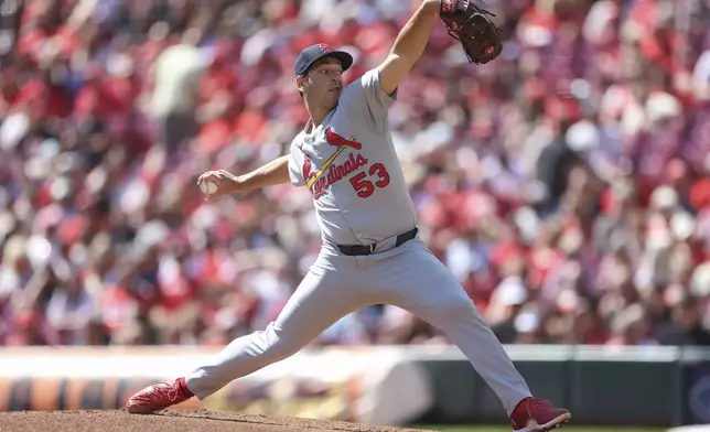 St. Louis Cardinals pitcher Andre Pallante throws during the first inning of a baseball game against the Cincinnati Reds, Sunday, Aug. 31, 2025, in Cincinnati. (AP Photo/Abdoul Sow)