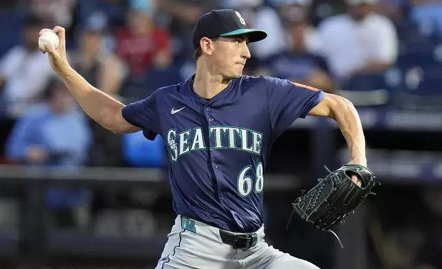 Seattle Mariners pitcher George Kirby delivers to the Tampa Bay Rays during the first inning of a baseball game Wednesday, Sept. 3, 2025, in Tampa, Fla. (AP Photo/Chris O'Meara)