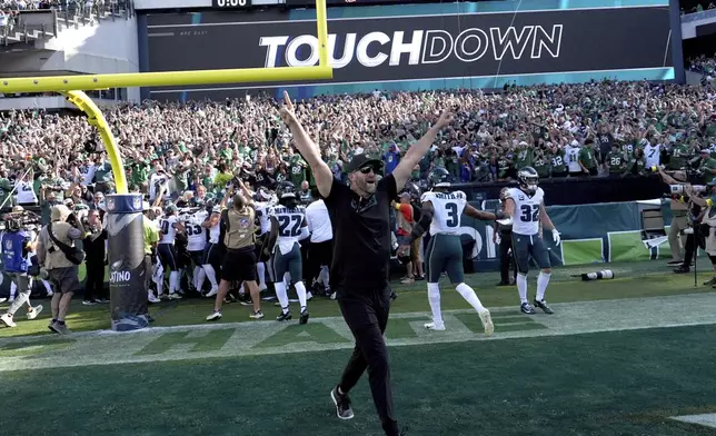 Philadelphia Eagles head coach Nick Sirianni celebrates a victory over the Los Angeles Rams following an NFL football game Sunday, Sept. 21, 2025, in Philadelphia. (AP Photo/Matt Slocum)