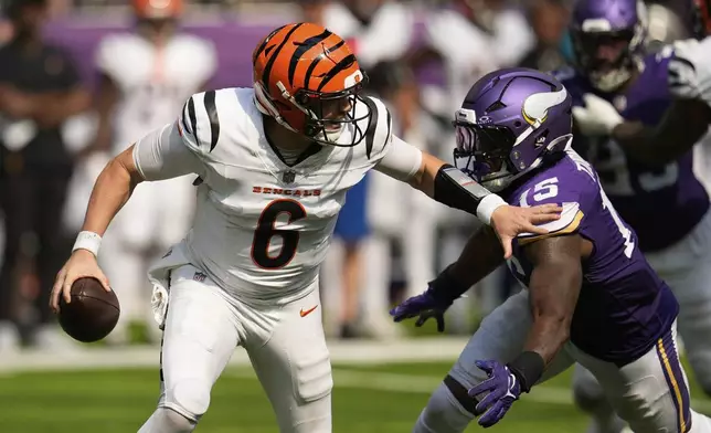 Cincinnati Bengals quarterback Jake Browning (6) is chased by Minnesota Vikings linebacker Dallas Turner (15) during the second half of an NFL football game, Sunday, Sept. 21, 2025, in Minneapolis. (AP Photo/Mike Stewart)