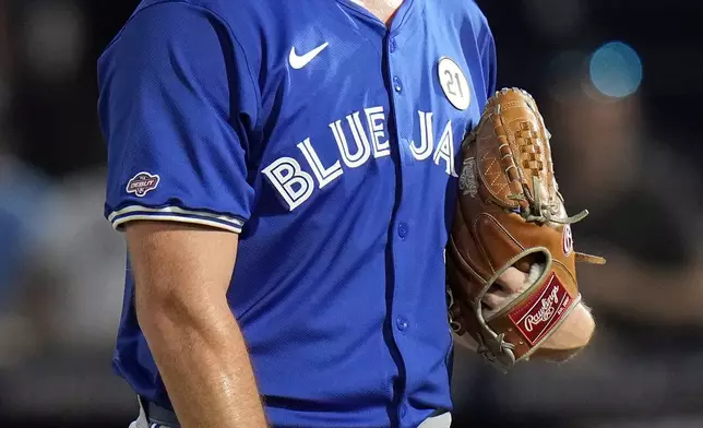 Toronto Blue Jays pitcher Trey Yesavage wears a MLB debut patch on his jersey during the first inning of a baseball game against the Tampa Bay Rays Monday, Sept. 15, 2025, in Tampa, Fla. (AP Photo/Chris O'Meara)