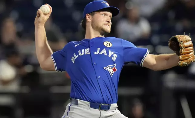 Toronto Blue Jays pitcher Trey Yesavage delivers to the Tampa Bay Rays during the first inning of a baseball game Monday, Sept. 15, 2025, in Tampa, Fla. (AP Photo/Chris O'Meara)