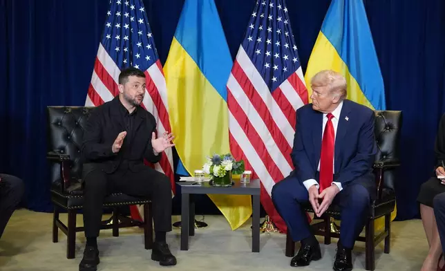 President Donald Trump meets with Ukrainian President Volodymyr Zelenskyy during the United Nations General Assembly, Tuesday, Sept. 23, 2025, in New York. (AP Photo/Evan Vucci)
