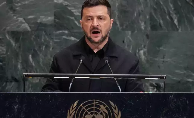 Ukraine President Volodymyr Zelenskyy addresses the 80th session of the United Nations General Assembly, Wednesday, Sept. 24, 2025. (AP Photo/Richard Drew)