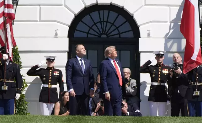 President Donald Trump, right, and Polish President Karol Nawrocki, left, watch a military aircraft flyover at the White House, Wednesday, Sept. 3, 2025, in Washington. (AP Photo/Alex Brandon)