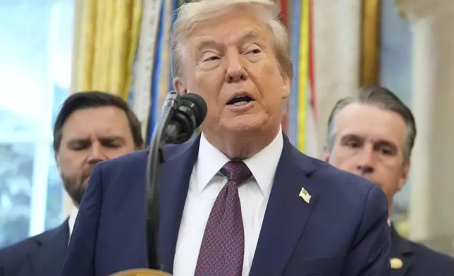 President Donald Trump speaks about the relocation of U.S. Space Command headquarters from Colorado to Alabama in the Oval Office of the White House, Tuesday, Sept. 2, 2025, in Washington. (AP Photo/Mark Schiefelbein)