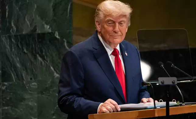 President Donald Trump addresses the 80th session of the United Nations General Assembly, Tuesday, Sept. 23, 2025, at U.N. headquarters. (AP Photo/Angelina Katsanis)