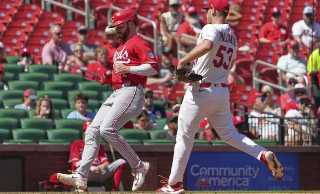 Cincinnati Reds' Gavin Lux, left, scores on a wild pitch by St. Louis Cardinals starting pitcher Andre Pallante (53) during the fifth inning of a baseball gameWednesday, Sept. 17, 2025, in St. Louis. (AP Photo/Jeff Roberson)