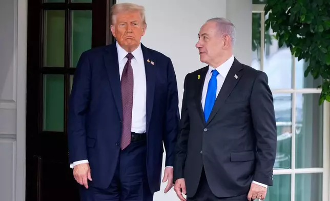 President Donald Trump greets Israeli Prime Minister Benjamin Netanyahu at the West Wing of the White House, Monday, Sept. 29, 2025, in Washington. (AP Photo/Alex Brandon)