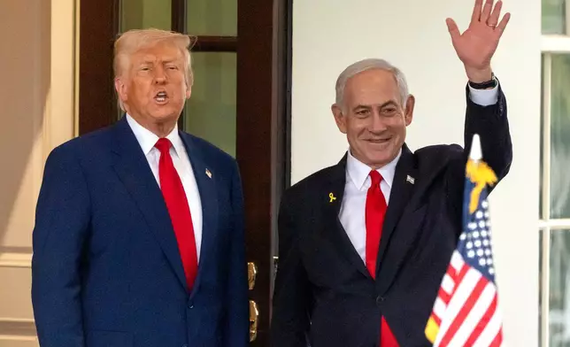 FILE - President Donald Trump, left, speaks as Israel's Prime Minister Benjamin Netanyahu waves upon leaving the West Wing of the White House, April 7, 2025, in Washington. (AP Photo/Mark Schiefelbein, File)