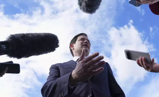 Secretary of State Marco Rubio speaks to reporters before boarding his plane at Homestead Air Reserve Base in Homestead, Fla., en route to Mexico City, Tuesday, Sept. 2, 2025. (AP Photo/Jacquelyn Martin, pool)