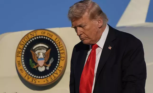 President Donald Trump arrives on Air Force One at LaGuardia Airport, Thursday, Sept. 11, 2025, in New York. (AP Photo/Alex Brandon)