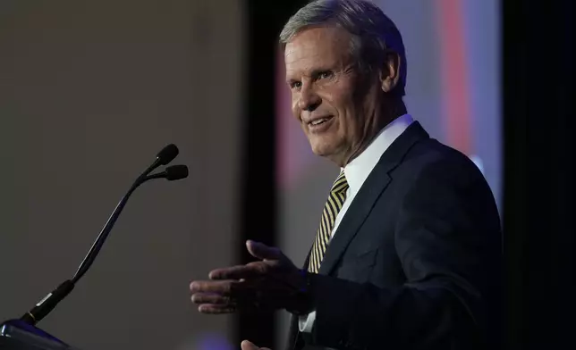 FILE - Gov. Bill Lee speaks during a news conference announcing The Boring Company's intent to build the Music City Loop, a private transportation tunnel that will connect the airport to downtown, Monday, July 28, 2025, in Nashville, Tenn. (AP Photo/George Walker IV, file)