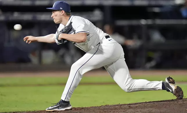 Tampa Bay Rays pitcher Kevin Kelly delivers to the Seattle Mariners during the eighth inning of a baseball game Tuesday, Sept. 2, 2025, in Tampa, Fla. (AP Photo/Chris O'Meara)