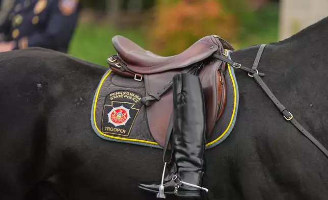 A riderless horse walks during funeral services for slain Northern York County Regional Police detectives Cody Michael Becker, Mark Edward Baker and Isaiah Emenheiser, Thursday, Sept. 25, 2025, in Red Lion, Pa. (AP Photo/Matt Rourke)