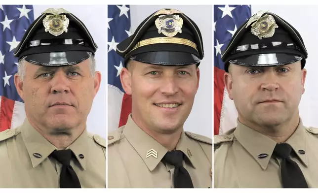 This combo of images provided by the York County, Pa., District Attorney's office on Thursday, Sept. 18, 2025, shows, from left, Det. Mark Baker, Det. Sgt. Cody Becker and Det. Isaiah Emenheiser, all of the Northern York County Regional Police Department. (Northern York County Regional Police Department/York County District Attorney's Office via AP)