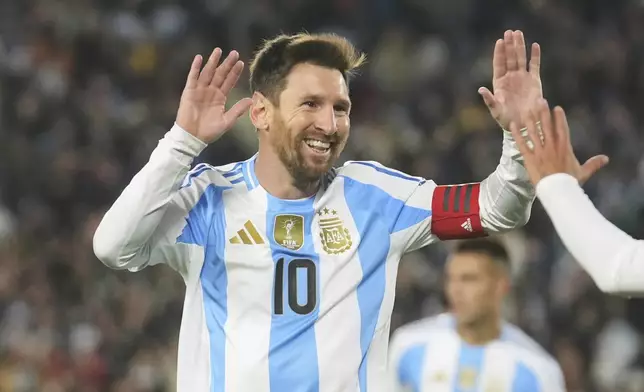 Argentina's Lionel Messi celebrates scoring his side's third goal against Venezuela during a World Cup 2026 qualifying soccer match at the Monumental stadium in Buenos Aires, Argentina, Thursday, Sept. 4, 2025. (AP Photo/Gustavo Garello)