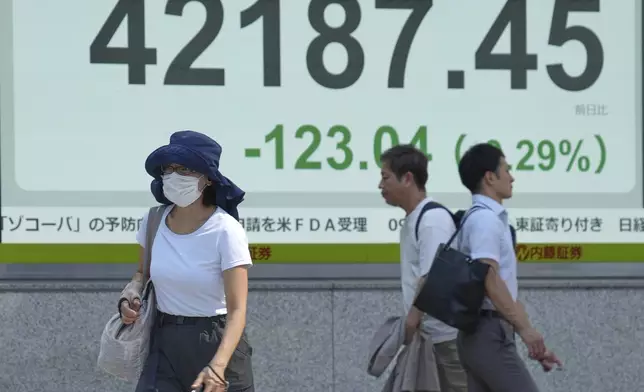 People walk in front of an electronic stock board showing Japan's Nikkei index at a securities firm Wednesday, Sept. 3, 2025, in Tokyo. (AP Photo/Eugene Hoshiko)