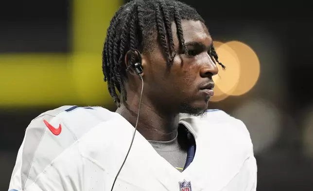 Tennessee Titans quarterback Cam Ward during the second half of a preseason NFL football game against the Atlanta Falcons, Friday, Aug. 15, 2025, in Atlanta. (AP Photo/Brynn Anderson)
