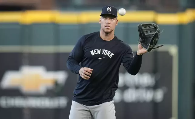 New York Yankees'' Aaron Judge attends practice before a baseball game against the Houston Astros, Thursday, Sept. 4, 2025, in Houston. (AP Photo/Karen Warren)