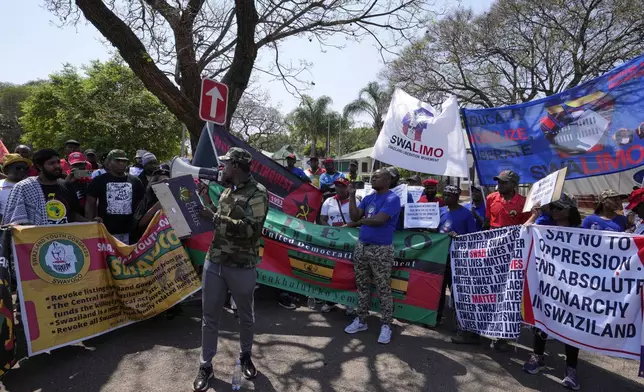 A leader of Eswatin Pro-democracy activists, speaks during their protest outside the U.S. Embassy in Pretoria, South Africa, Friday, Sept. 19, 2025. (AP Photo/Themba Hadebe)