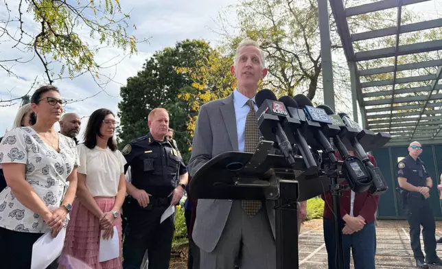 Portland Mayor Keith Wilson speaks at a news conference in Portland, Ore., on Saturday, Sept. 27, 2025, after Republican President Donald Trump said he would send troops to the city. (AP Photo/Claire Rush)