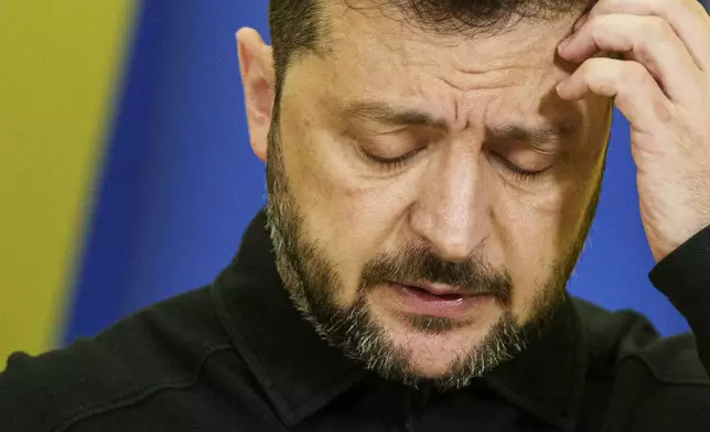 Ukraine's President Volodymyr Zelenskyy speaks during a joint press conference with European Parliament President Roberta Metsola in Kyiv, Ukraine, Wednesday, Sept. 17, 2025. (AP Photo/Evgeniy Maloletka)