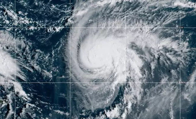 This satellite image provided by NOAA shows Hurricane Humberto on Friday, Sept. 26, 2025. (NOAA via AP)