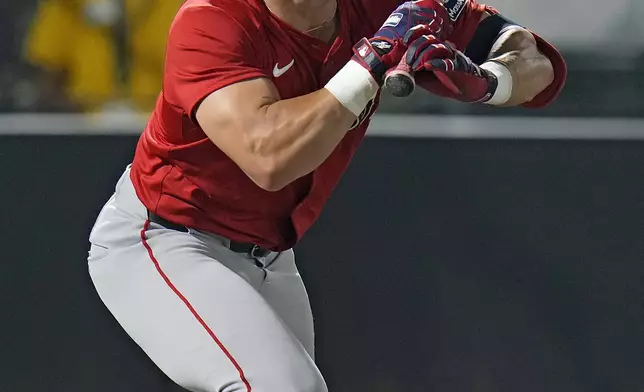 Boston Red Sox's Nate Eaton watches his single off Tampa Bay Rays pitcher Drew Rasmussen during the second inning of a baseball game Friday, Sept. 19, 2025, in Tampa, Fla. (AP Photo/Chris O'Meara)