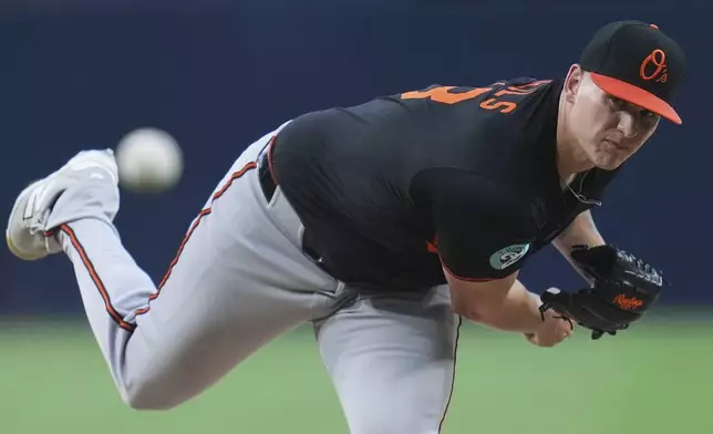 Baltimore Orioles starting pitcher Tyler Wells works against a San Diego Padres batter during the first inning of a baseball game Tuesday, Sept. 2, 2025, in San Diego. (AP Photo/Gregory Bull)