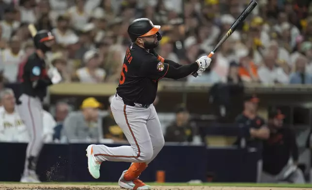Baltimore Orioles' Emmanuel Rivera watches his two-RBI single during the fifth inning of a baseball game against the San Diego Padres Tuesday, Sept. 2, 2025, in San Diego. (AP Photo/Gregory Bull)