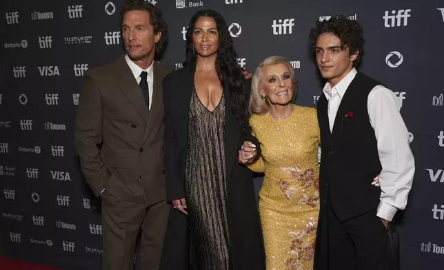 Matthew McConaughey, from left, Camila Alves, Kay McConaughey, and Levi McConaughey attend the premiere of "The Lost Bus" at the Princess of Wales Theatre during the Toronto International Film Festival on Friday, Sept. 5, 2025, in Toronto. (AP Photo/Chris Pizzello)