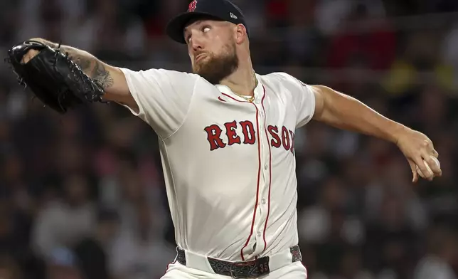 Boston Red Sox pitcher Garrett Crochet throws during a baseball game against the New York Yankees, Sunday, Sept. 14, 2025, in Boston. (AP Photo/Jim Davis)