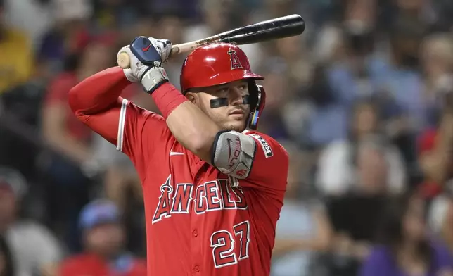 Los Angeles Angels designated hitter Mike Trout waits for a pitch in the fourth inning against the Colorado Rockies on Saturday, Sept. 20, 2025, in Denver. (AP Photo/RJ Sangosti)